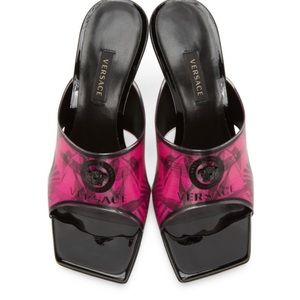Versace Pink and Black Hologram Jungle Print Mules